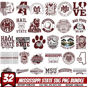 May include: A collection of 32 Mississippi State University SVG and PNG graphics in maroon and white. Designs include the university logo, bulldog mascot, and text elements like "Hail State" and "MSU". The bundle is available for instant download.