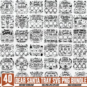 Peut inclure: Une collection de 40 motifs numériques en noir et blanc présentant des textes et des graphismes sur le thème de Noël pour le Père Noël. Chaque motif inclut des emplacements circulaires pour des friandises comme des biscuits, du lait et des carottes.