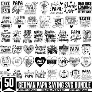 Könnte beinhalten: Ein Bundle von 50 deutschen SVG-Designs mit Sprüchen über Väter. Die Designs umfassen textbasierte Grafiken in verschiedenen Schriftarten und Stilen, mit Herzen, Sternen und anderen dekorativen Elementen. Das Bundle ist zum sofortigen Download.