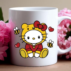 May include: White ceramic mug featuring a cartoon character in a yellow bee costume with a red bow. The design includes two bees and red hearts. The mug is decorated with a cartoon character in a red and yellow outfit.