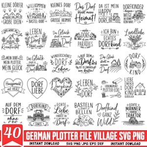 Könnte beinhalten: Eine Sammlung von 40 schwarz-weißen digitalen Designs mit deutschen Sprüchen über das Dorfleben, Traktoren und Basteln. Die Grafiken enthalten Illustrationen von Häusern, Herzen, Blumen und landwirtschaftlichen Geräten für Plotterdateien.