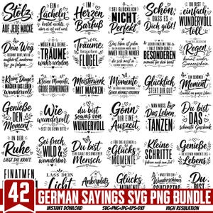 Può includere: Una collezione digitale di 42 design grafici in bianco e nero con varie citazioni ispiratrici in tedesco, ghirigori decorativi, cuori e farfalle, organizzati in una griglia con il testo 42 GERMAN SAYINGS SVG PNG BUNDLE.