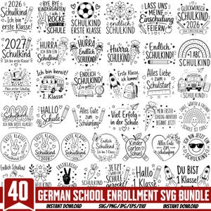 May include: A collection of 40 black and white digital designs featuring German text related to school enrollment, including illustrations of pencils, school cones, rockets, rainbows, school buses, and globes, labeled as a German school enrollment SVG bundle.