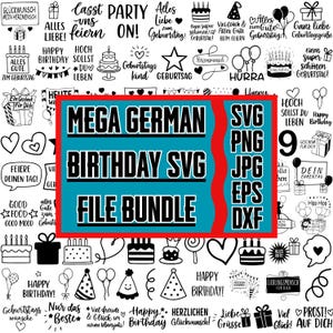 Op de afbeelding: Een digitale bestandsbundel met een verjaardagsthema. Het centrale ontwerp toont de tekst "MEGA GERMAN BIRTHDAY SVG FILE BUNDLE" in een vetgedrukte zwarte letter op een teal achtergrond. Verschillende verjaardagsgerelateerde afbeeldingen en zinnen omringen de tekst.