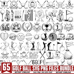 May include: A collection of 65 black and white golf-themed graphic designs featuring golf balls, clubs, bags, carts, flags, trophies, and silhouettes of people playing golf, with various text placeholders and decorative elements for sports projects.