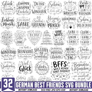 Puede incluir: Una colección de treinta y dos diseños gráficos digitales en blanco y negro con frases en alemán sobre amistad, gratitud y felicidad, decorados con elementos florales, corazones y personajes, etiquetada como German Best Friends SVG Bundle.