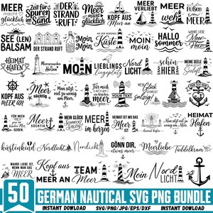 Può includere: Una raccolta di 50 disegni grafici digitali in bianco e nero con temi nautici come fari, ancore, barche a vela e onde, accompagnati da frasi in tedesco relative al mare, alla spiaggia e alla vita costiera.