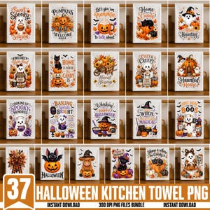 May include: A collection of twenty rectangular kitchen towels featuring various Halloween-themed illustrations including ghosts, pumpkins, black cats, and witches, each with decorative text such as Sweet Spooky Season and Happy Halloween.