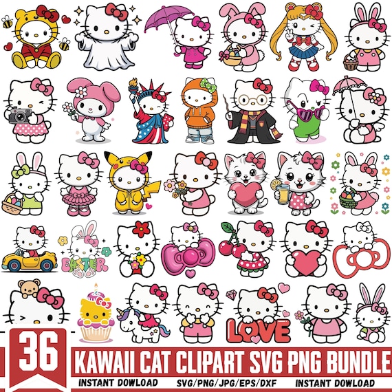 Kawaii Cat Clipart Bundle, Kitty Emote Svg Png, Cute Kitty Cartoon, Animal Friends Clipart, Cat Lover Gift, Kawaii Outline Svg, For Cricut