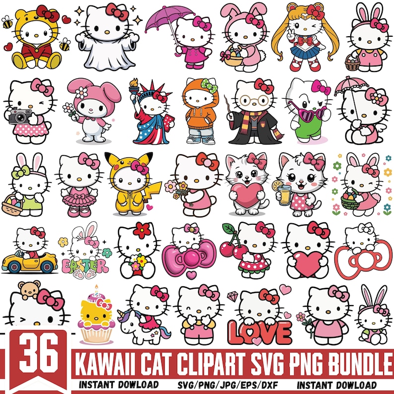 May include: A collection of 36 Kawaii cat clipart images in various poses and costumes, including a bee, bunny, and Pikachu. The images are in a variety of colors, including pink, yellow, and red. Text on the image reads "KAWAII CAT CLIPART SVG PNG BUNDLE" and "LOVE".