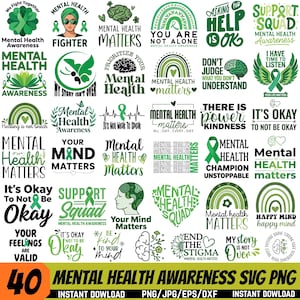 Puede incluir: Una colección de 40 gráficos SVG y PNG de concienciación sobre la salud mental. Los diseños presentan frases como "Mental Health Matters", "It's Okay to Not Be Okay" y "Support Squad", junto con imágenes relacionadas en verde y blanco.