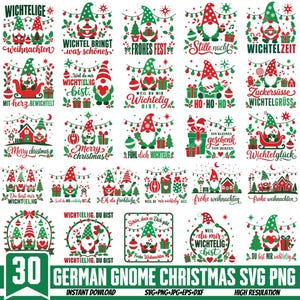 May include: A collection of 30 digital graphic designs featuring Christmas gnomes in red and green. Each illustration includes festive elements like ornaments, gifts, candy canes, and German text phrases related to the holiday season.