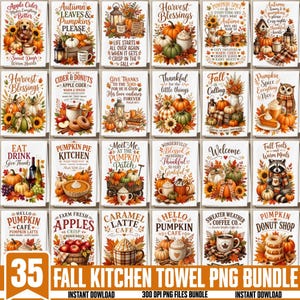 May include: A collection of thirty-five rectangular kitchen towels featuring autumn-themed illustrations including pumpkins, fall foliage, coffee mugs, woodland animals, and seasonal text like Harvest Blessings and Pumpkin Spice Everything Nice.