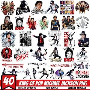 Puede incluir: Una colección de 40 imágenes PNG de Michael Jackson en varias poses y estilos. Las imágenes incluyen texto como "Thriller", "Who's Bad?" y "King of Pop". Las imágenes están disponibles para descarga instantánea.