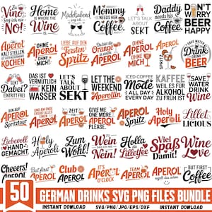 Può includere: Un pacchetto di 50 file SVG e PNG di bevande tedesche, con varie frasi e illustrazioni relative alle bevande. I disegni includono parole come "Aperol", "Wine" e "Coffee", in una varietà di font e stili. Download immediato.