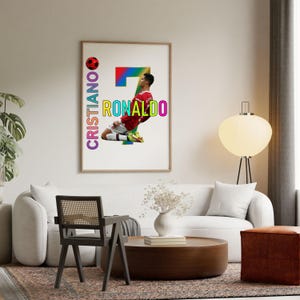 May include: A framed poster featuring Cristiano Ronaldo in a red jersey, with the number 7 in rainbow colors. The name "RONALDO" is in yellow, and "CRISTIANO" is in purple. A soccer ball graphic is also included.