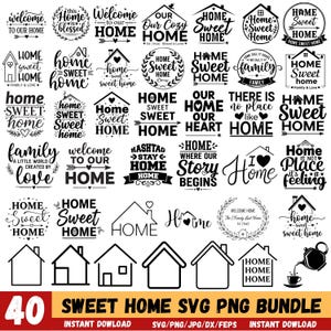 Peut inclure: Un ensemble de 40 motifs SVG et PNG sur le thème "Sweet Home". Les motifs présentent des graphiques textuels avec des phrases comme "Welcome Home" et "Home Sweet Home", ainsi que des illustrations de maisons. Le lot comprend des téléchargements instantanés.