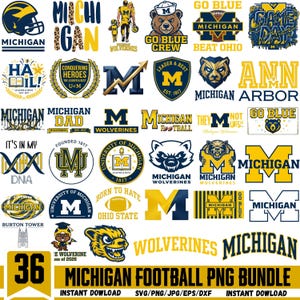 Puede incluir: Una colección de 36 gráficos PNG con el tema de los Wolverines de Michigan, con logotipos, mascotas y elementos de texto en azul y amarillo. Incluye el texto "Michigan Football PNG Bundle" y "Instant Download."