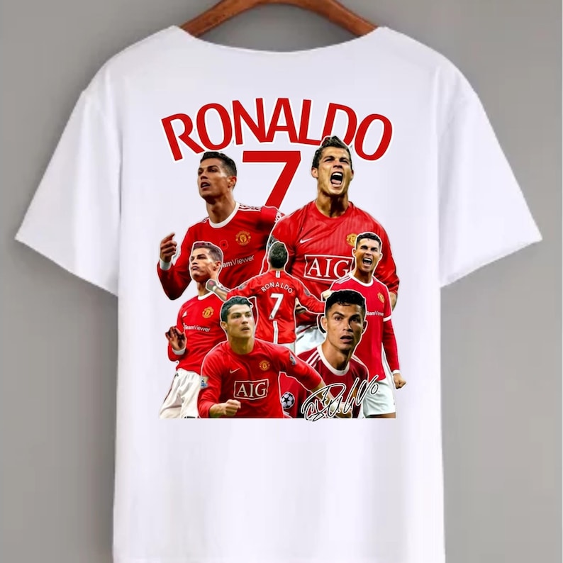 May include: White t-shirt featuring a collage of images of Cristiano Ronaldo in a red soccer uniform. The word "RONALDO" is printed in red above the images, with the number "7" in red below it.
