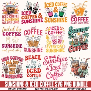 Op de afbeelding: Een verzameling kleurrijke grafische ontwerpen met ijskoffie- en zonneschijnthema's. De ontwerpen bevatten tekst zoals "Iced Coffee & Sunshine" en "Summer Coffee", met illustraties van koffiekopjes en tropische elementen.