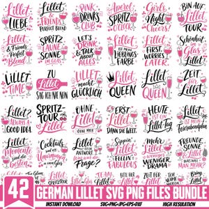 May include: A collection of 42 digital graphic designs featuring black and pink hand-lettered typography and cocktail illustrations. The text includes phrases like Lillet Liebe, Lillet Queen, and Spritz O'Clock, accompanied by icons of wine glasses, cherries, and stars.