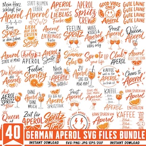 Può includere: Una collezione digitale di 40 design grafici con tipografia e illustrazioni in arancione e nero legate ai cocktail Aperol Spritz. I design includono varie frasi, grafiche di fette d'arancia, bicchieri da cocktail e faccine sorridenti.