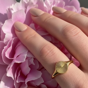 Puede incluir: Un anillo dorado con un diseño circular de rayos de sol en la parte superior. El anillo está en un dedo, sobre un fondo de una flor rosa. La banda del anillo es lisa y pulida, y el anillo es de color dorado brillante.