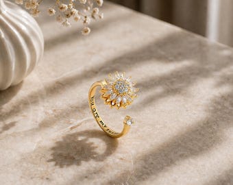 Sunflower Fidget Spinner Ring,Dainty Flower Adjustable  Ring,Flower Gold Silver Jewelry,Stress Relief,Fidget Jewelry,Gift for her