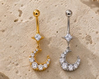 Sierlijke navelring, goudzilveren ring bungelen, celestial navel navelsieraden, cadeau voor haar, piercing Sun Moon-sieraden, Sun Moon-ring