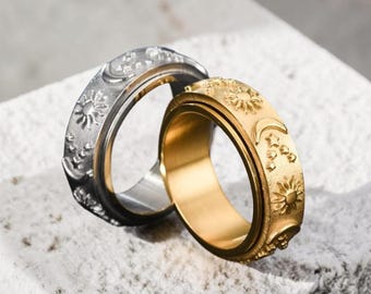 Star and Moon Fidget Spinner Ring,Statement Chunky Gothic Ring,Gothic Spiritual Celestial Jewelry,Gift for her,Gift for him,Anxiety Ring