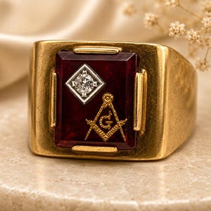 May include: A gold-toned ring with a rectangular, deep red center stone. The center stone features a diamond-studded square and a gold Masonic symbol. The ring has a thick band and a classic design.