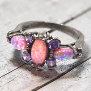 Vintage Style Fire Opal Ring Sterling Silver Purple CZ/Cluster Size 8
