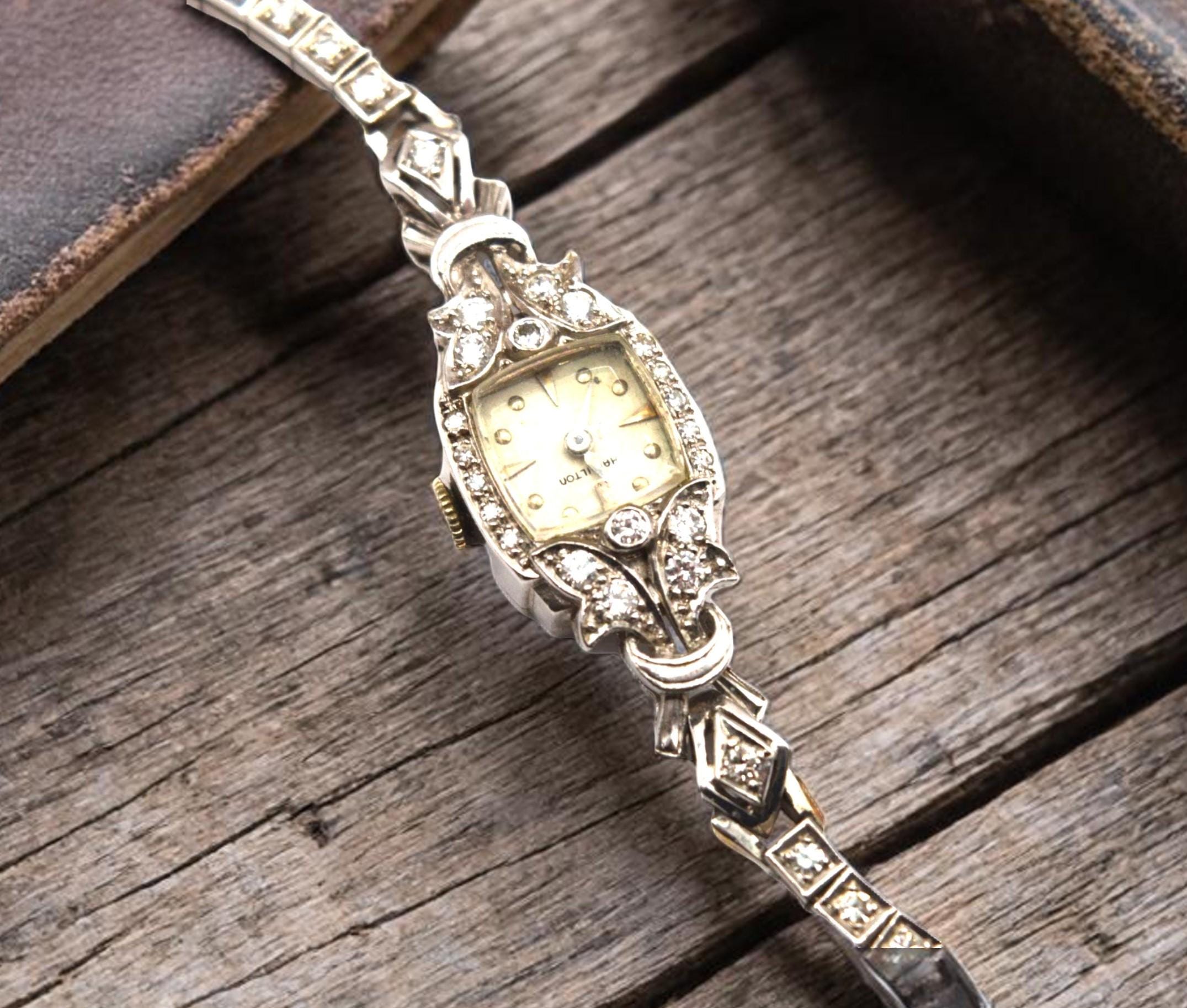 Hamilton Vintage Art Deco Ladies Watch‎ 14K White Gold Filled Hand-Wind 17J Hamilton 14K white gold diamond Art Deco ladies watch  main image 2