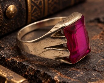 Anillo vintage de oro de 14 quilates con piedra roja, talla 11, peso de 7,13 g, anillo de sello para hombre.