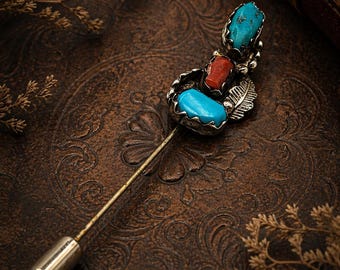 Vintage Southwestern Style Stick Pin Turquoise Coral Lapel Pin 3” Hat Pin Native Style Brooch