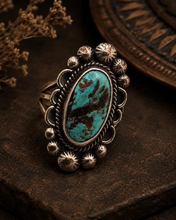 Vintage Southwestern Turquoise Ring Size 6.25 Silver Tone Statement Ring with Oval Matrix Turquoise Cabochon