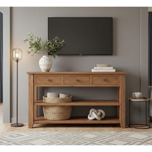 May include: A wooden console table with three drawers and two shelves, holding decorative items. A TV is mounted above the table. A floor lamp with a glass shade and a vase with greenery are on the table. A rug with a geometric pattern is on the floor.
