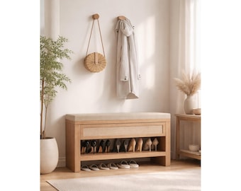 Farmhouse Shoe Rack Bench with Storage Drawer, Wooden Entryway Organizer Seat