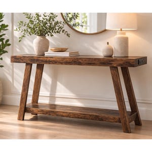 May include: A dark brown wooden console table with a lower shelf and angled legs. The table has a rectangular top and is placed against a white wall. A lamp, vase, and decorative items are on the table.