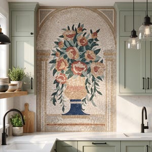 May include: A decorative wall mosaic featuring a floral arrangement in a vase, set within an arched architectural frame. The design uses small tiles in shades of cream, tan, dark blue, green, and peach to depict a bouquet of flowers in a classic urn.