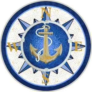 Peut inclure: Design nautique circulaire avec une rose des vents et une ancre dorée au centre. Les points cardinaux N, E, S et W sont en or. Le design incorpore des nuances de bleu et de blanc, créant un thème maritime.
