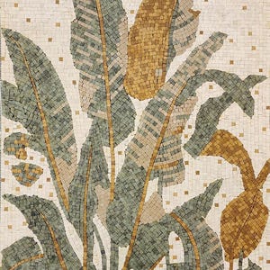 May include: A stone mosaic wall art piece featuring a botanical design of large, elongated leaves in shades of sage green and golden yellow. The leaves are set against a cream-coloured background with small, scattered gold-toned square accents.
