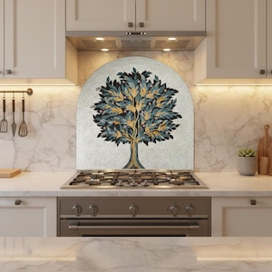 Olive Tree Marble Mosaic Backsplash – Hand-Cut Natural Stone Mediterranean Wall Decor