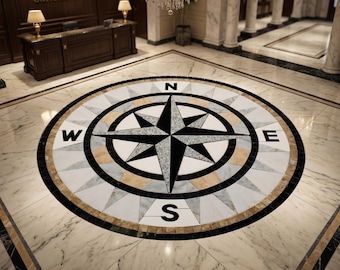 Handmade Marble Compass Rose Floor Medallion, Black White Beige Marble Inlay Mosaic Tile, Nautical Compass Floor Decor