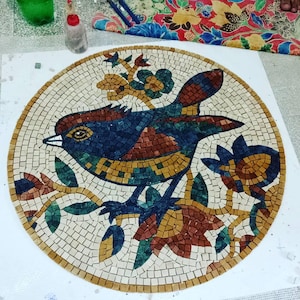 Handmade Bird Marble Mosaic Backsplash, Nature Wall Art, Kitchen Tile Medallion, Custom Stone Mosaic Decor