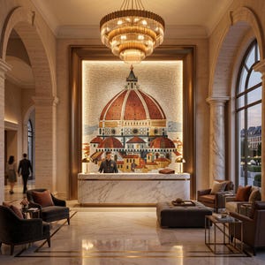 Op de afbeelding: Een elegante hotellobby met een mozaïek van een kathedraalkoepel boven een marmeren receptiebalie. Een gelaagde kroonluchter hangt aan het plafond. De lobby heeft zithoeken met fauteuils en een groot raam.