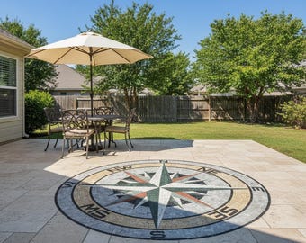 Mosaico de mármol con forma de brújula: medallón de suelo en tonos tierra de 6-7 mm de espesor, azulejo de rosa de los vientos de piedra hecho a mano, incrustación de suelo para entrada,