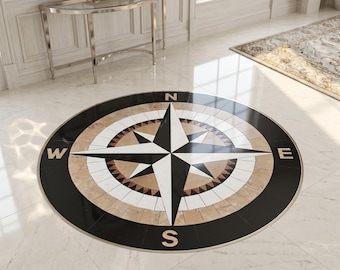 Mosaico in marmo con rosa dei venti - Medaglione decorativo nautico con intarsio in pietra a forma di rosa dei venti per ingresso, foyer, patio, pavimentazione di lusso