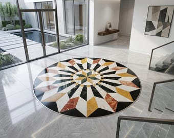 Geometric Marble Floor Medallion, Round Marble Inlay, Luxury Stone Floor Mosaic, Compass Rose Design, Custom Foyer Entryway Decor