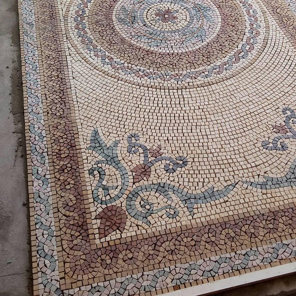 Roman Marble Mosaic Floor Medallion | Stone Mosaic Rug Design | Handmade Geometric Floral Tile | Custom Size Luxury Entryway Patio